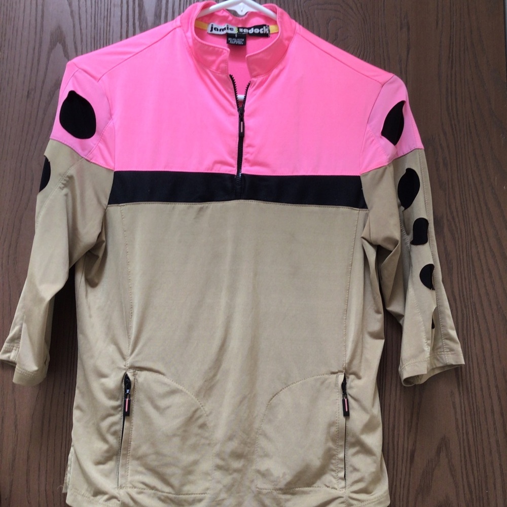 Jamie Sadock beige pink jersey, rivets pockets, half zip, sz S